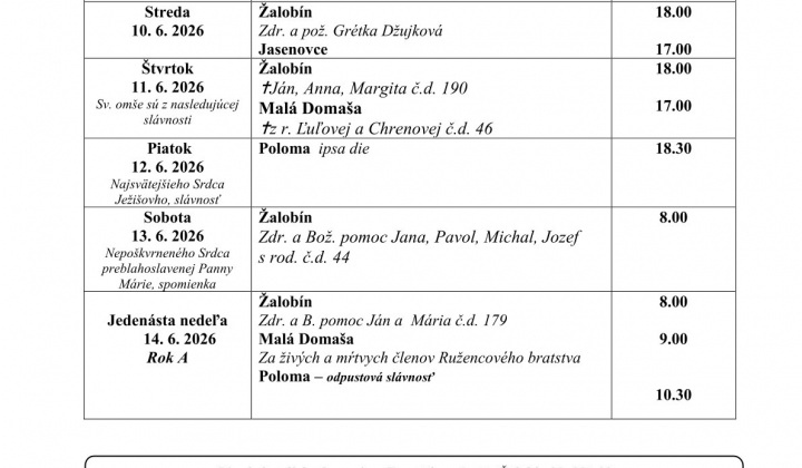 1. fotografia fotogalérie Aktuality / Program bohoslužieb farnosť Žalobín 0806.2026 - 14.06.2026 - foto
